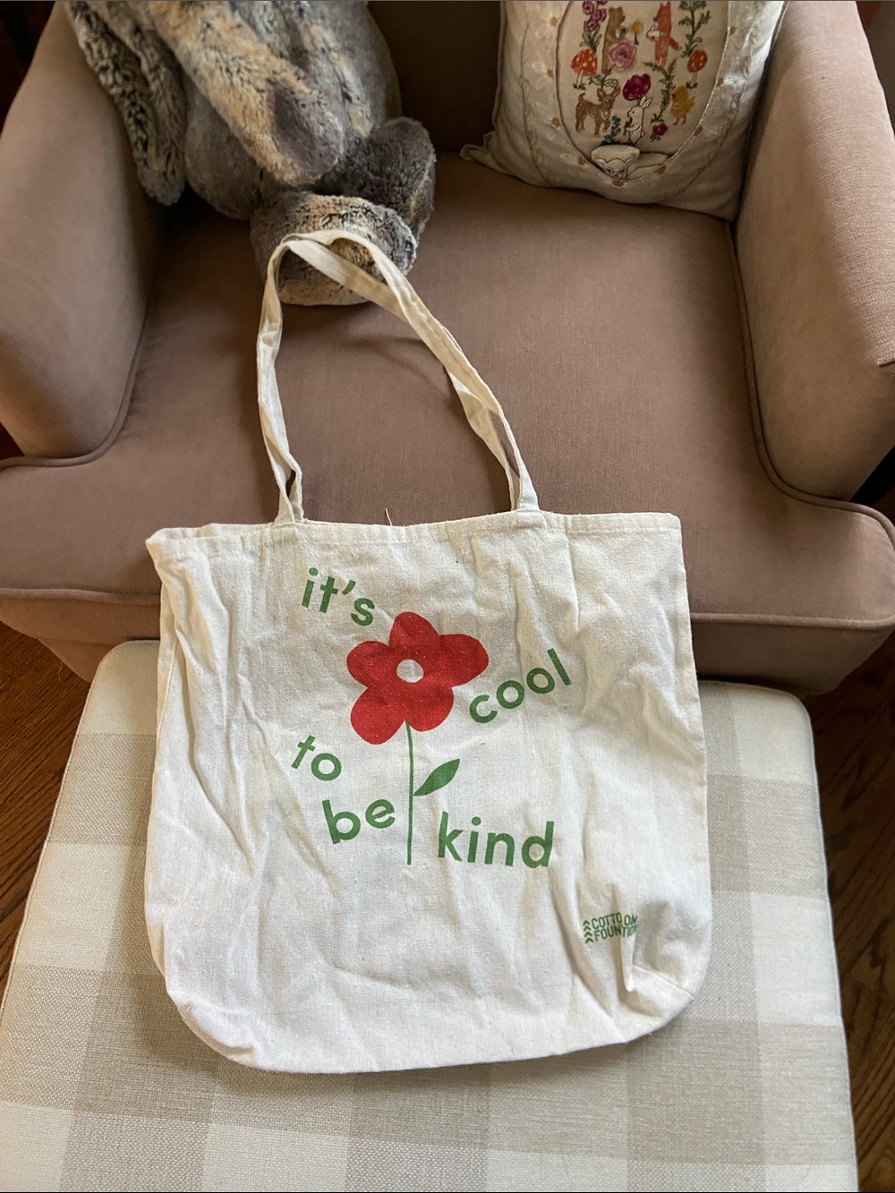 Cotton On White Canvas Tote with Red Flower "it's cool to be kind" Print